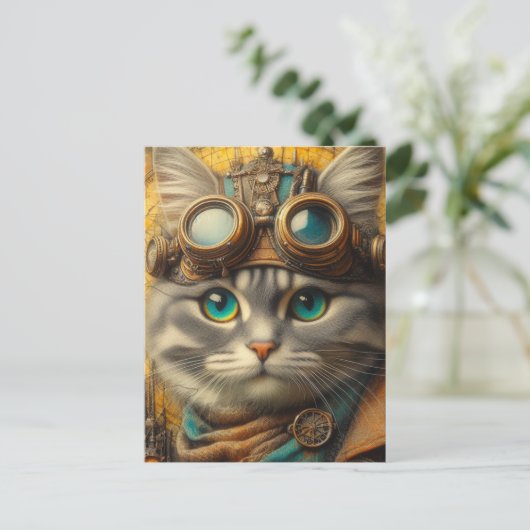 eine bezaubernde, steampunkengraue Katze Postkarte (Stehend Vorderseite)