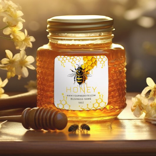 Eine Bienenminimalistisch-gelbe Honigfarm Jar Labe Quadratischer Aufkleber