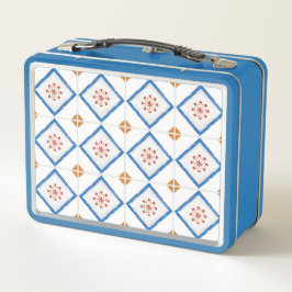 Eine blaue Metall-Lunchbox zeigt ein geometrisches Metall Brotdose