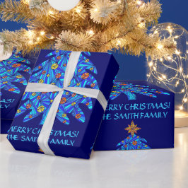 Eine blaue Weihnachtsbaumkunst personalisieren Die Geschenkpapier