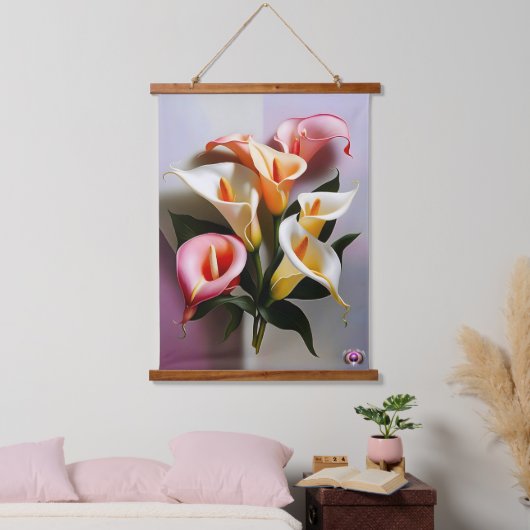 Eine Blüte von Calla Lilies in Pastellfarben Wandteppich Mit Holzrahmen (Schlafzimmer)