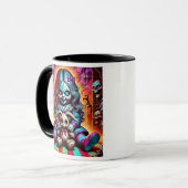 Eine böse Puppe und ihr Plüschkaninchen. Tasse (Vorderseite Links)