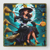 Eine charmante Hexe mit Kürbis bei Dämmerung Quadratische Wanduhr (Vorderseite)