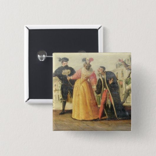 Eine Commedia- dell'arteTruppe vor einer Button (Vorne & Hinten)