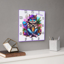 Eine coole Katze, die eine lebhafte Szene aus dem  Quadratische Wanduhr