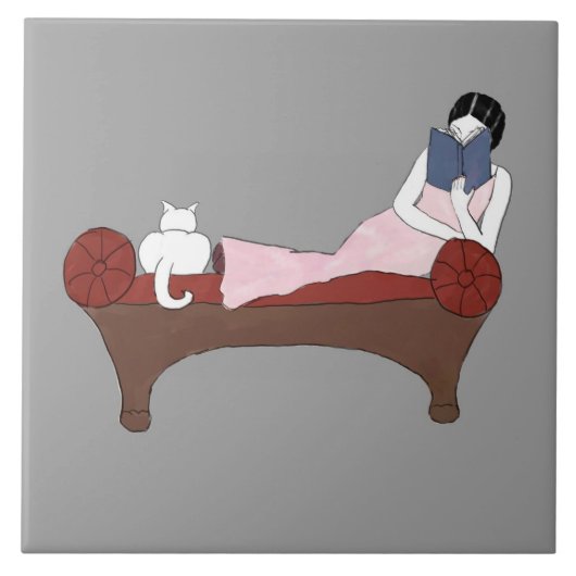 Eine Dame, eine Katze und Buch-Keramik-Fliese A Fliese (Vorderseite)