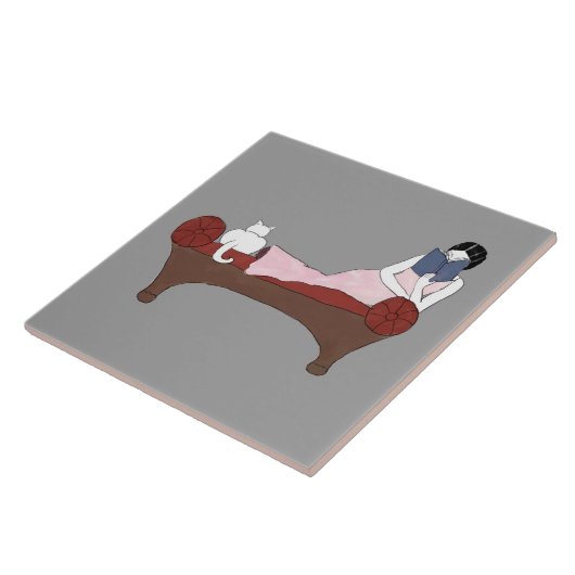 Eine Dame, eine Katze und Buch-Keramik-Fliese A Fliese (Seite)