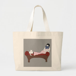 Eine Dame, eine Katze und Buch-Taschen-Tasche A Jumbo Stoffbeutel