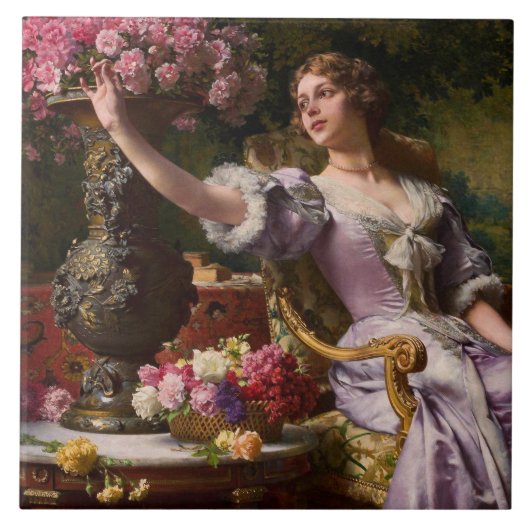Eine Dame in einem Lilac-Kleid mit Blume Fliese (Vorderseite)