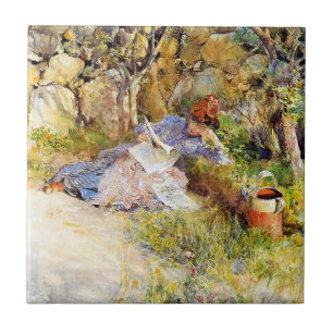 Eine Dame liest eine Zeitung von Carl Larsson Fliese