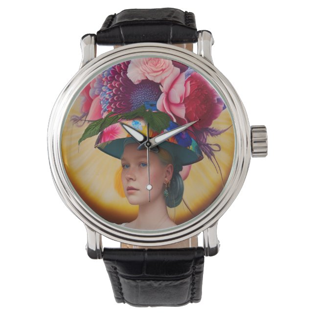 Eine Dame mit Blumenhut Armbanduhr (Vorderseite)