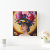 Eine Dame mit Blumenhut Quadratische Wanduhr (Zuhause)