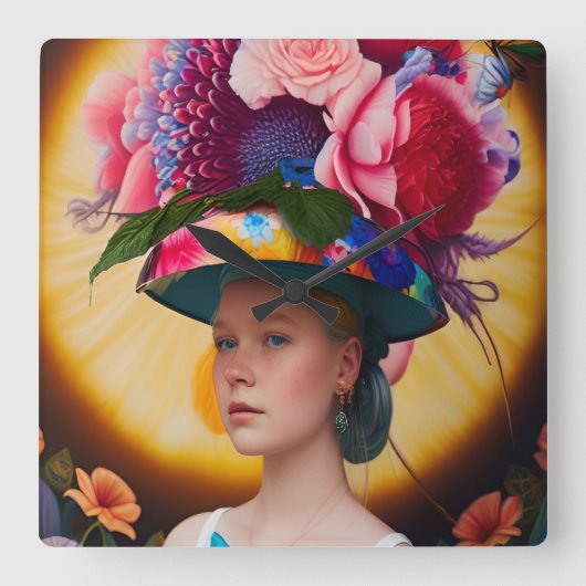 Eine Dame mit Blumenhut Quadratische Wanduhr (Vorderseite)