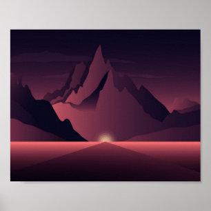Eine Darstellung des Sonnenuntergangs auf den Berg Poster