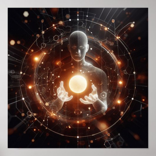 Eine digitale Lebensform, die mit einem virtuellen Poster (Vorne)