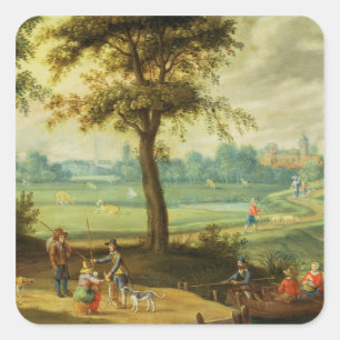 Eine Dorflandschaft am Fluss Quadratischer Aufkleber