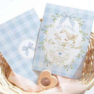 Eine dumme Gans Blue Gingham Junge 1. Geburtstag Einladung