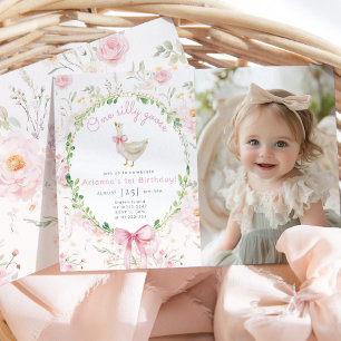 Eine dumme Gans Blush rosa Schleife Foto 1. Geburt Einladung