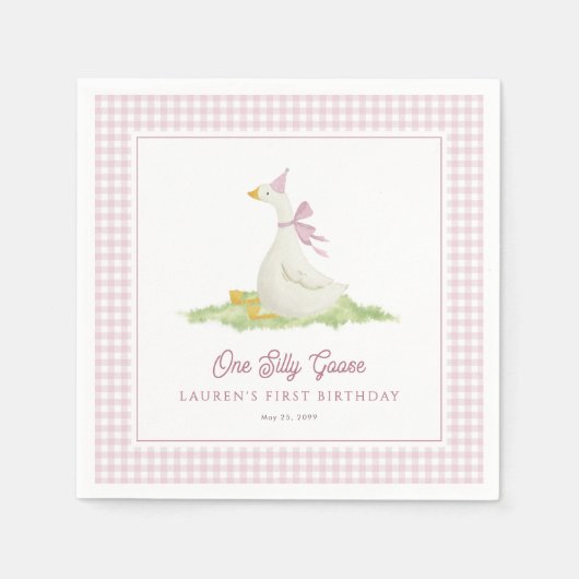 Eine dumme Gans Pink Gingham Erster Geburtstag Serviette (Vorderseite)