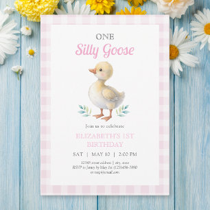 Eine dumme Gans Pink Gingham Mädchen Erster Geburt Einladung