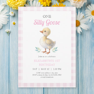 Eine dumme Gans Pink Gingham Mädchen Erster Geburt Einladung