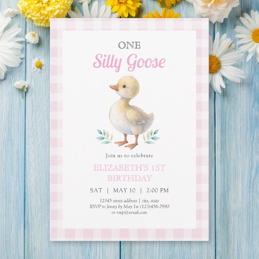 Eine dumme Gans Pink Gingham Mädchen Erster Geburt Einladung