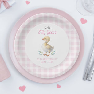 Eine dumme Gans rosa Gingham Mädchen erster Geburt Pappteller