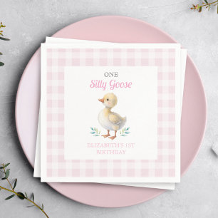 Eine dumme Gans rosa Gingham Mädchen erster Geburt Serviette
