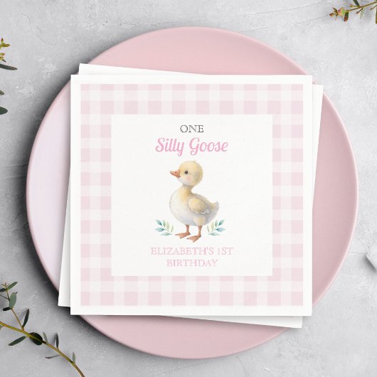 Eine dumme Gans rosa Gingham Mädchen erster Geburt Serviette