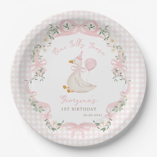 Eine dumme Gans rosa Schleife Gingham 1. Geburtsta Pappteller (Vorderseite)