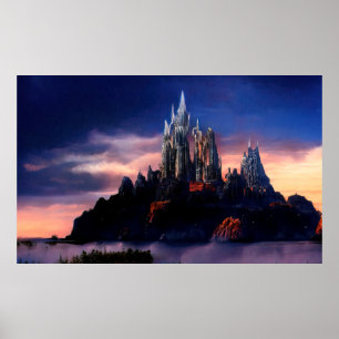 Eine düstere märchenhafte Burg auf einem Berg inmi Poster