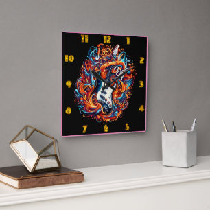 Eine dynamische E-Gitarre bricht mit Energie aus Quadratische Wanduhr