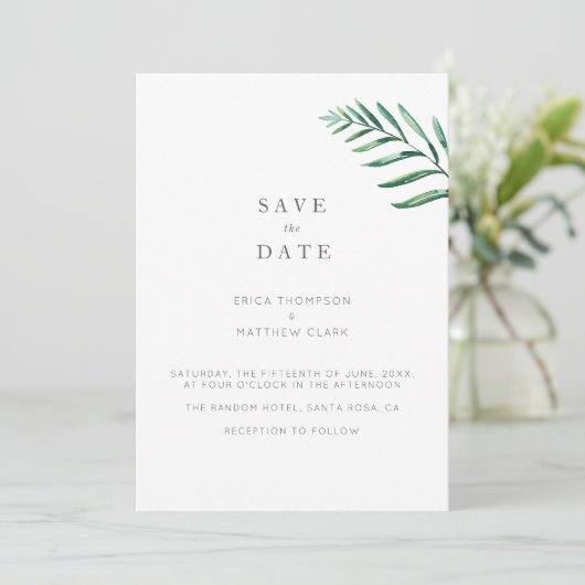 Eine einfache, grüne Save the Date Karte (Stehend Vorderseite)