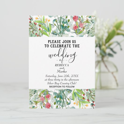 Eine einfache, weiße Eukalyptus-Einladung für Ihre Einladung (Stehend Vorderseite)