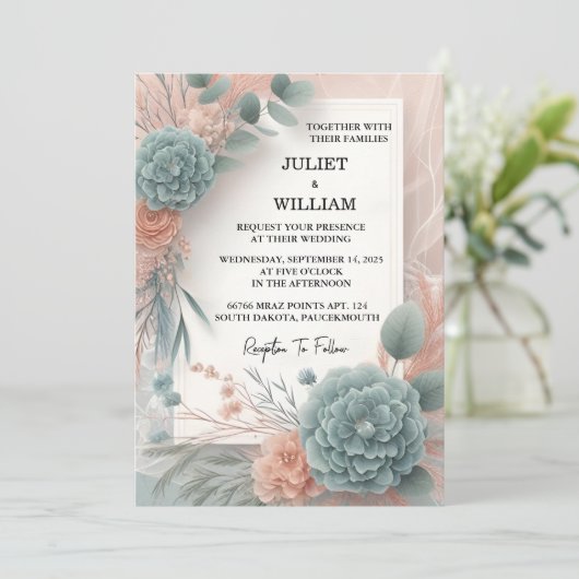 Eine Eukalyptus Lace Tulle Pastel Dusty Blue Weddi Einladung (Stehend Vorderseite)