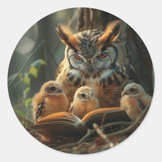 Eine Eule las ein Buch an kleine Küken Runder Aufkleber (Vorderseite)