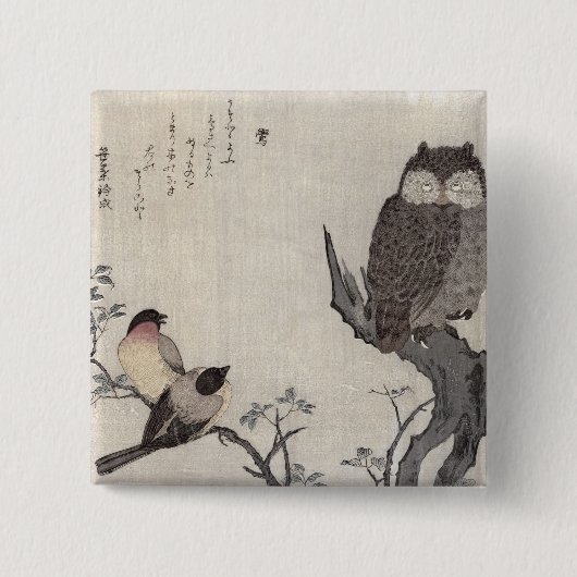 Eine Eule und zwei OstBullfinches Button (Vorderseite)