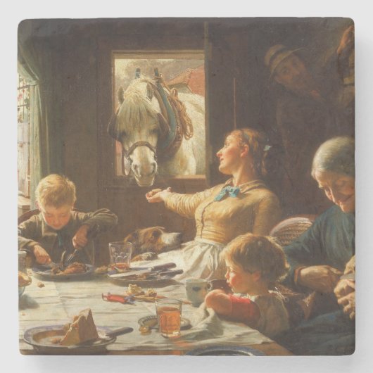 Eine Familie (der Esel wird Gefüttert) Steinuntersetzer (Vorderseite)