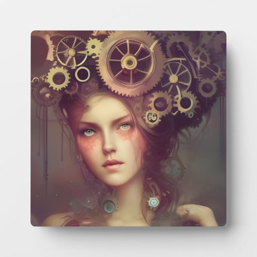 Eine Fantasy-Frau mit Dampfantrieb auf ihrem Kopf Fotoplatte (Vorderseite)