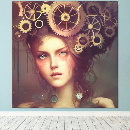 Eine Fantasy-Frau mit Dampfantrieb auf ihrem Kopf Leinwanddruck (Insitu (Holzboden))