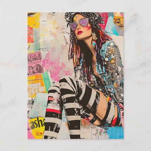 Eine farbenfrohe Mode-Dame Collage Postkarte (Vorderseite)