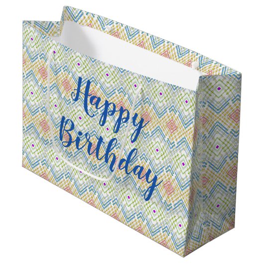 Eine farbenfrohe und moderne, große Geschenktasche Geschenktüte (Vorderseite Schrägansicht)