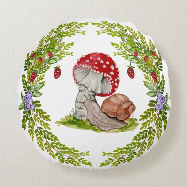 Eine farbenfrohe Waldfliege und eine Schnecke Rundes Kissen (Vorderseite)