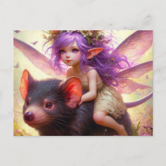 Eine Fee fährt mit einer Tasmanian Devil Fantasy A Postkarte (Vorderseite)