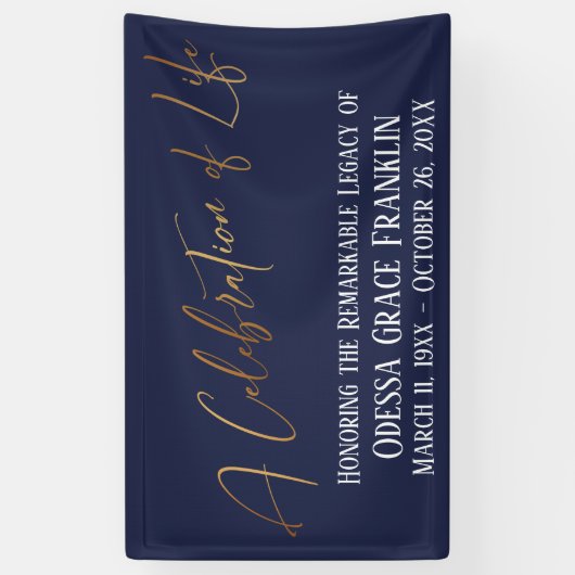 Eine Feier des Lebens Gold Handwriting Navy Blue Banner (Vertikal)