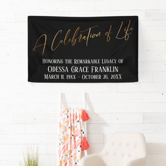 Eine Feier zum Leben Gold-Handschrift auf schwarz Banner (Insitu)