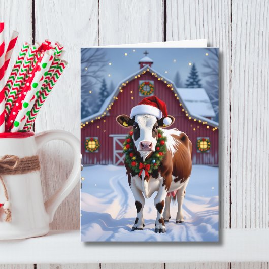Eine festliche Kuh in der Weihnachtsmannmütze Weih Karte
