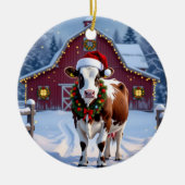 Eine festliche Kuh in der Weihnachtsmannmütze Weih Keramik Ornament (Vorne)
