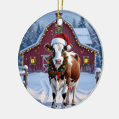 Eine festliche Kuh in der Weihnachtsmannmütze Weih Keramik Ornament (Links)