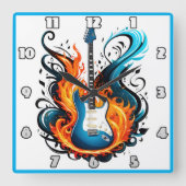 Eine feurig blaue Gitarre, umgeben von Flammen Quadratische Wanduhr (Vorderseite)